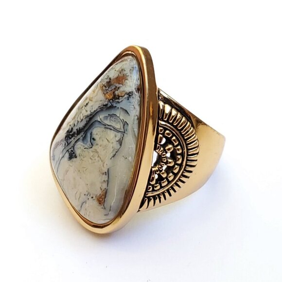 Barse African Opal Statement Ring Sz 8 3/4 Bone White Gray Blue Goldtone Boho - Picture 2 of 6